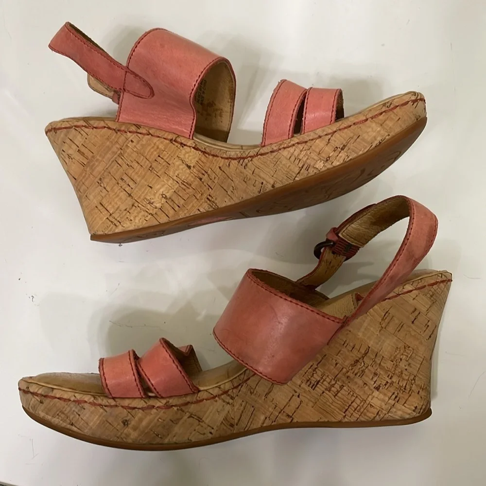 Born‎ Amabel Salmon Pink Leather Wedge Sandals Heel Summer Womens Size 7